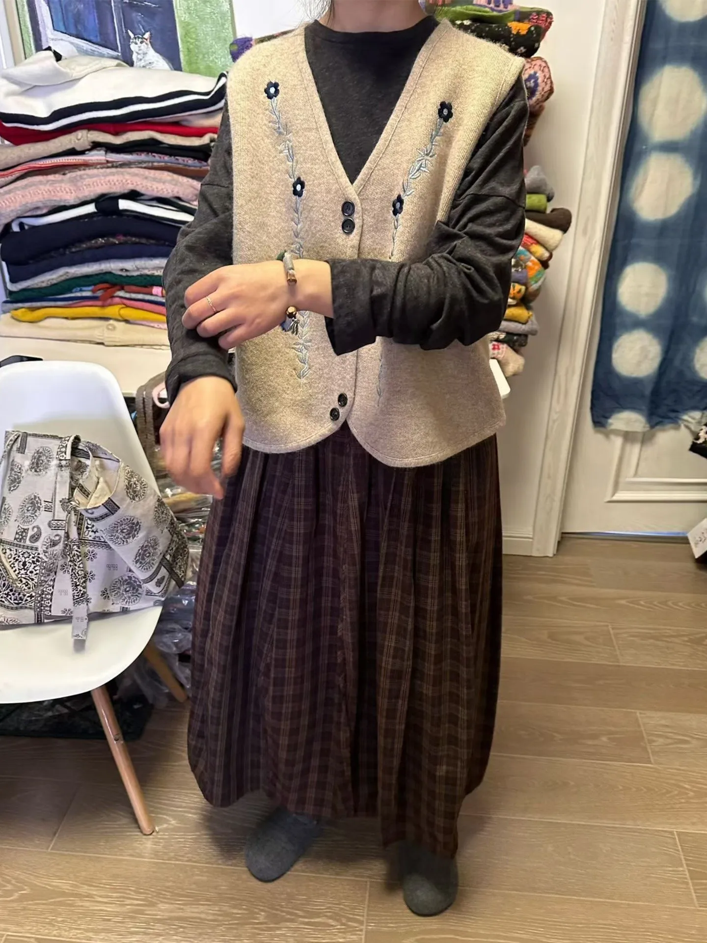 

Осенне-зимняя клетчатая юбка с эластичным поясом и внутренними карманами, кофейно-бежевая, больших размеров, женская модная юбка больших размеров