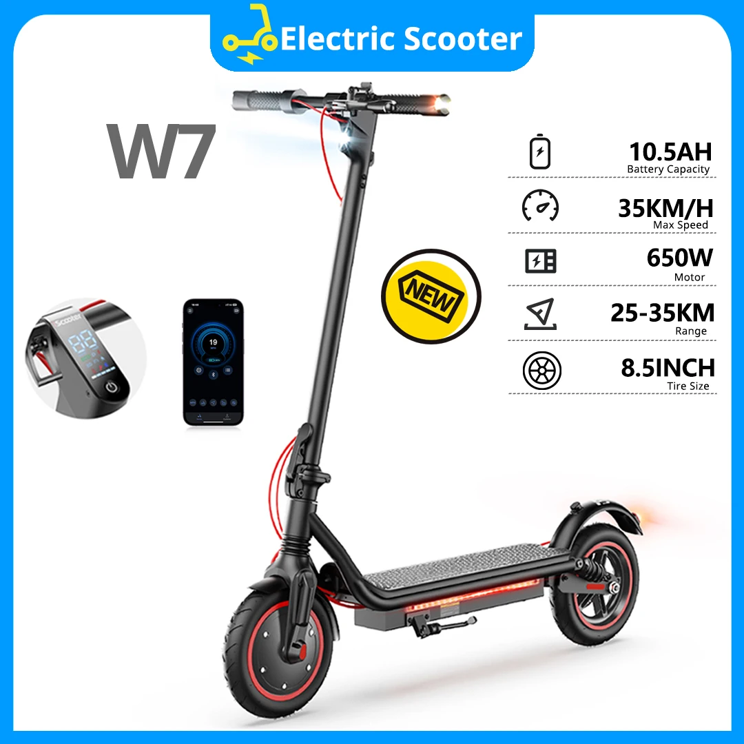 Patinete eléctrico W7 de 8,5 pulgadas, potencia de 650W, 36V10.5Ah, 25-37km, velocidad de 35 km/h, freno de disco trasero, doble choque con aplicación