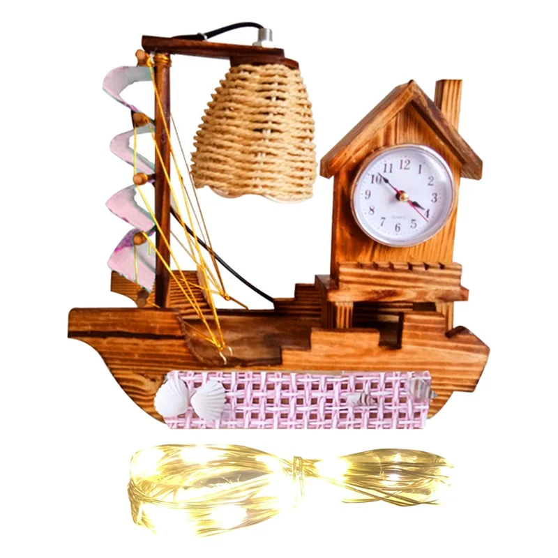 High Quality Sailboat Woodiness Lamp Clock With A Clock With Warming Light Strings Multi-Functional Electronic Clock Durable Blu