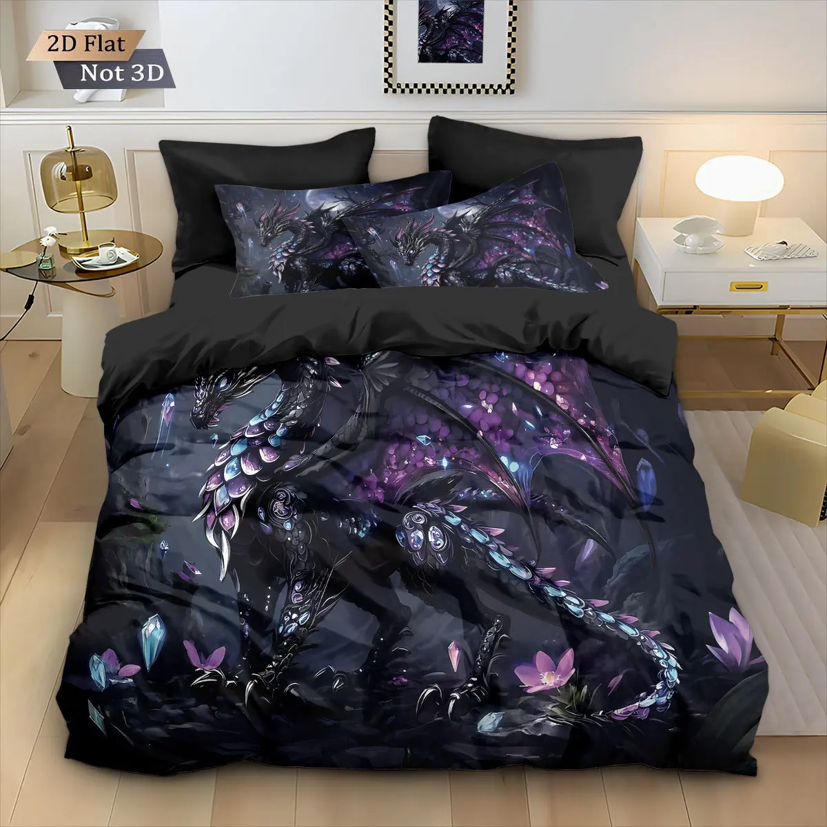 

Dragon Digital Printed Duvet Cover with Pillowcases Queen King Size Soft Cozy Comforter Cover for Kids Teens Fantasy Bedroom