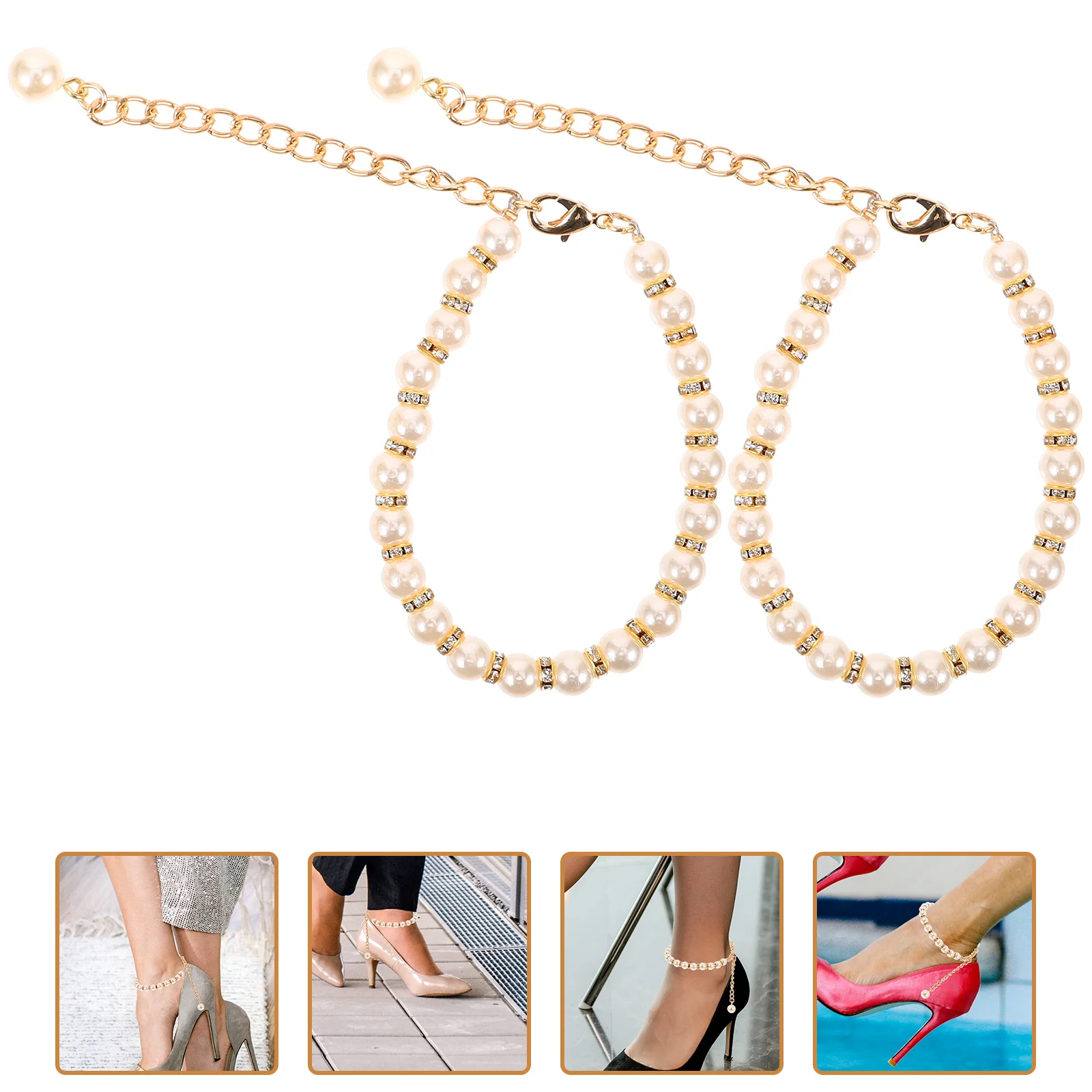 

2 Pcs Pendant Pearl Chain High Heels Women's Anklet Metal Sandals Strap Extension White Shoe Straps