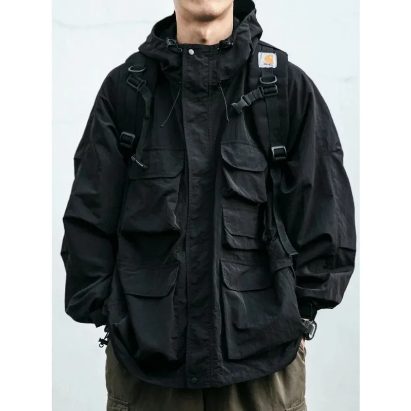 Multi-pocket Streetwear Mountain Hoodie Jacket Men Clothing Japanese Harajuku Casual Cargo Jacket Fashion Black Coats Male