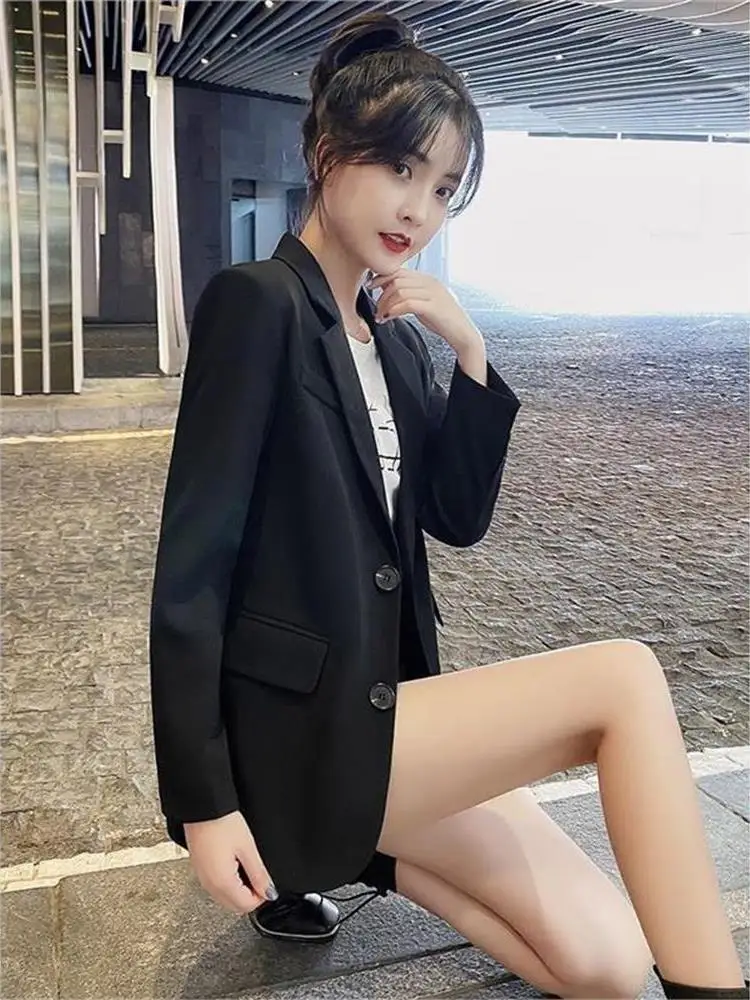 

Ele Casual Women's Bla Suit Jaet ort Length Long Sve Cleanfit Sle Office Wear Spring Autumn New Korean Version