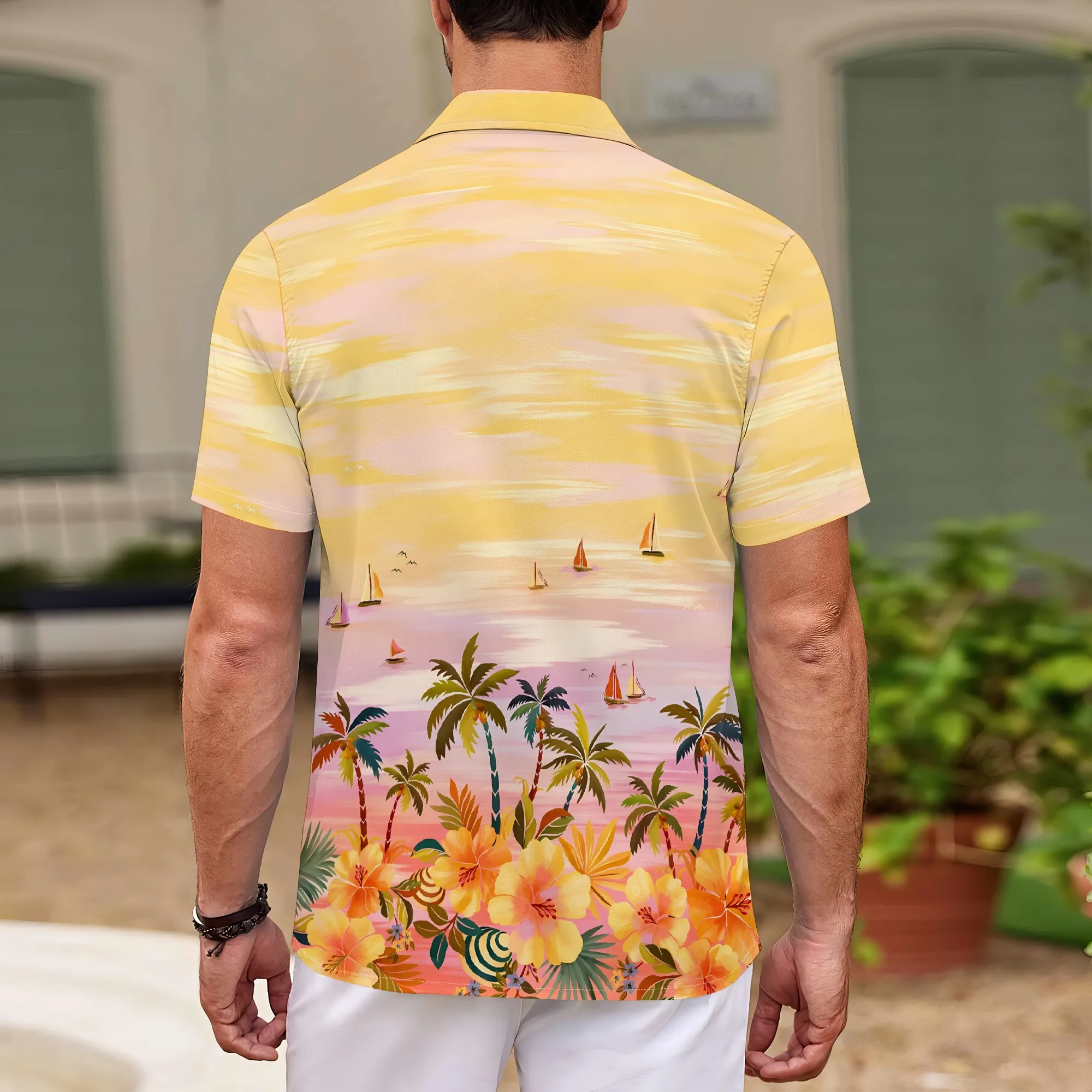 YEAE Sunset Beach Floral Print Shirt for Men Summer Casual Short Sleeve Top