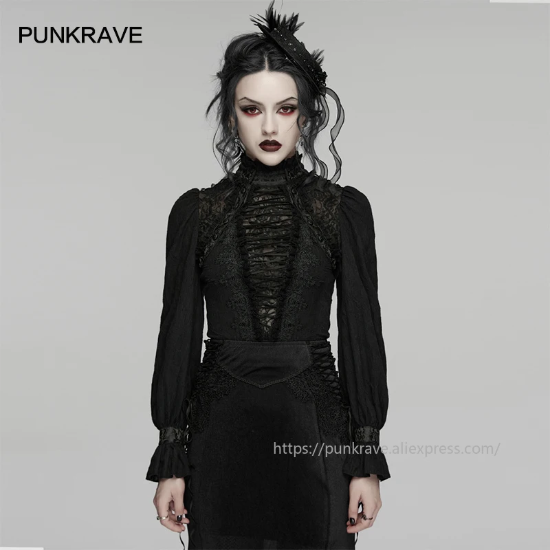 

PUNK RAVE Women's Gothic Visual Textured Striped Lace Jacquard Pullover Shirt Decal Drawstring Party Club Dark Tops