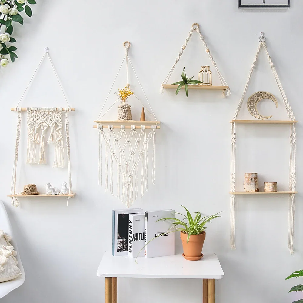 Estante de pared de macramé, portavelas, estante flotante para dormitorio, decoración de madera, estantes para niños, decoración del hogar