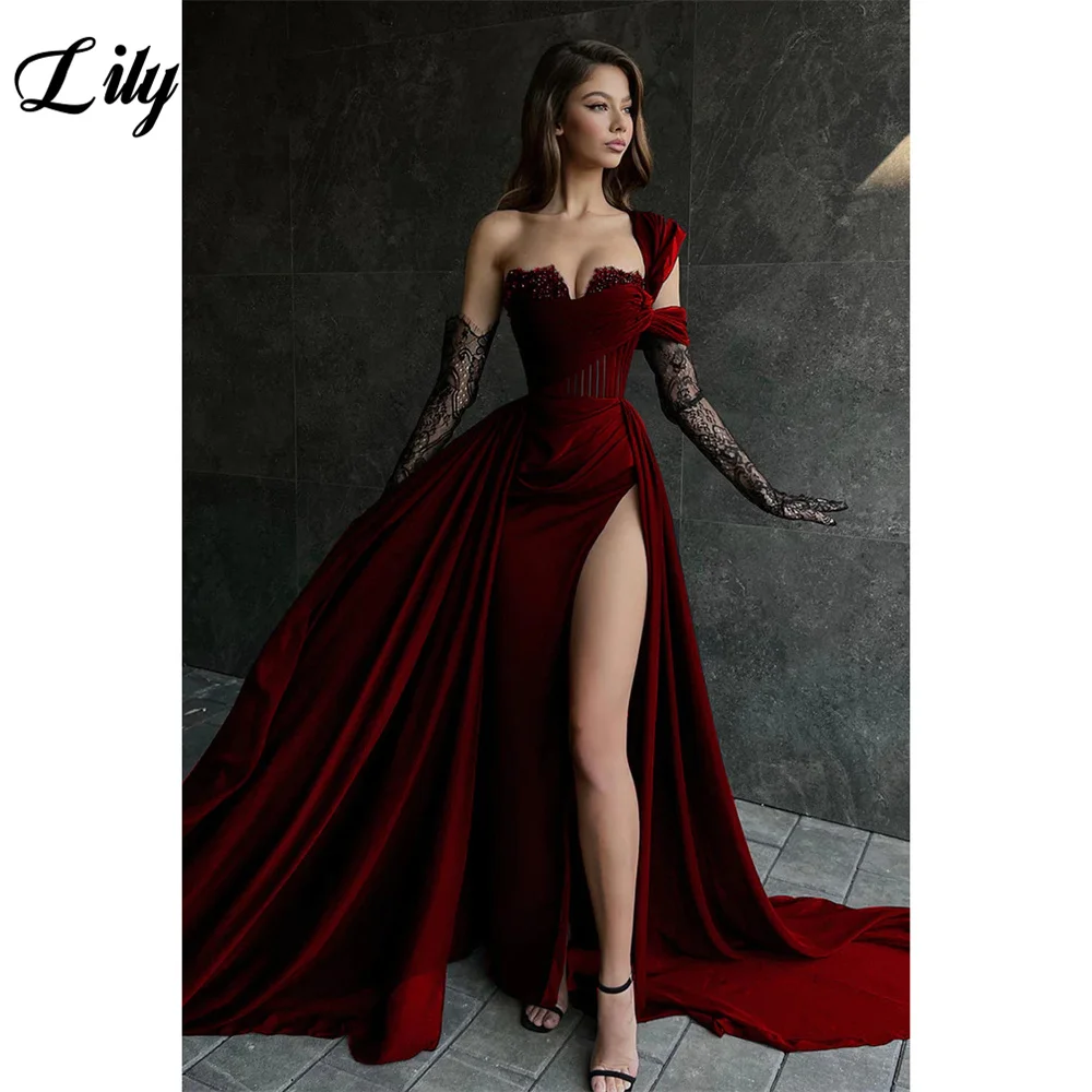 Lily Lace Sweetheart Mermaid Evening Dresses For Women One Shoulder Black Prom Dresses Side Split Stain Mermaid فستان سهرة نسائي