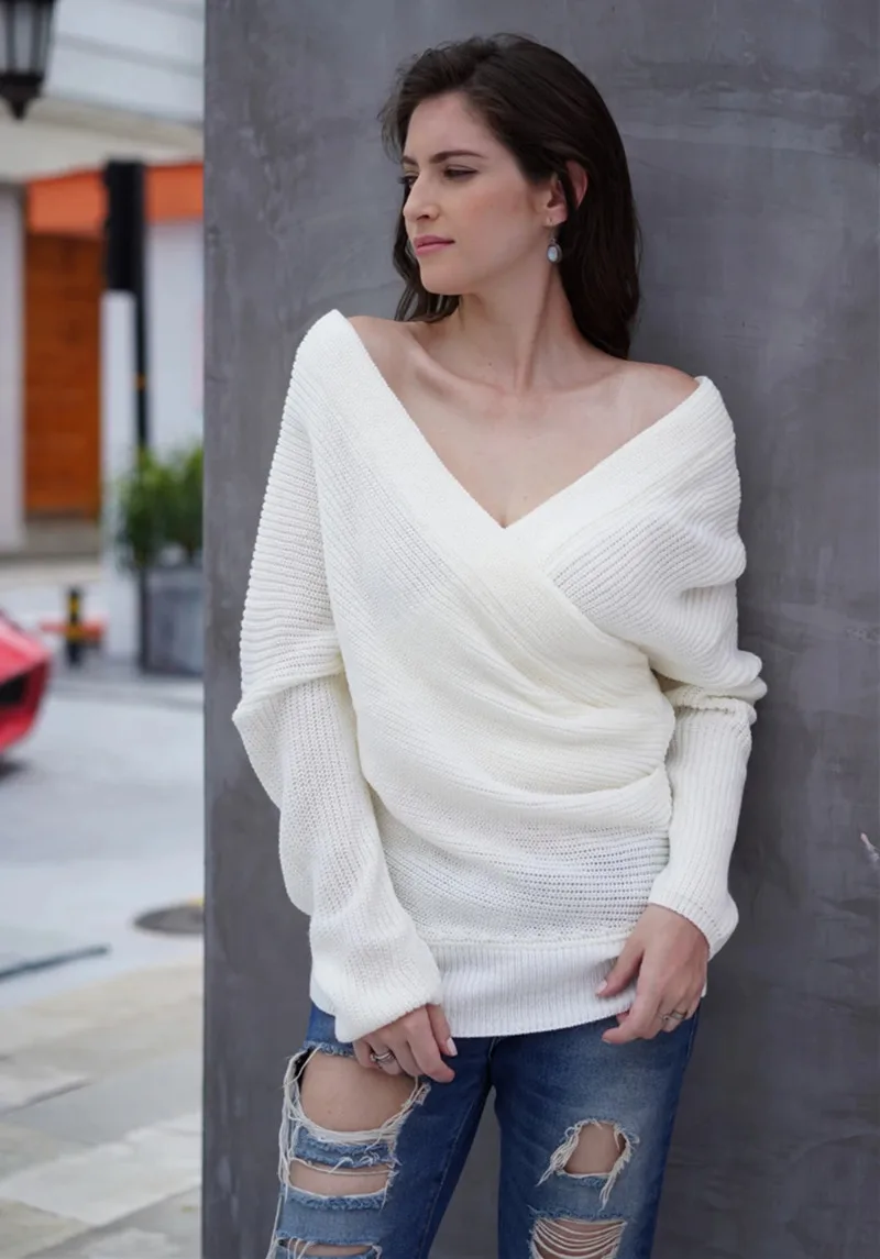 Winter Sexy Deep V-Neck Loose Jumpers Women Sweaters Off Shoulder Solid Color Long Sleeve Knitted Pullover Sweater Sueter Mujer