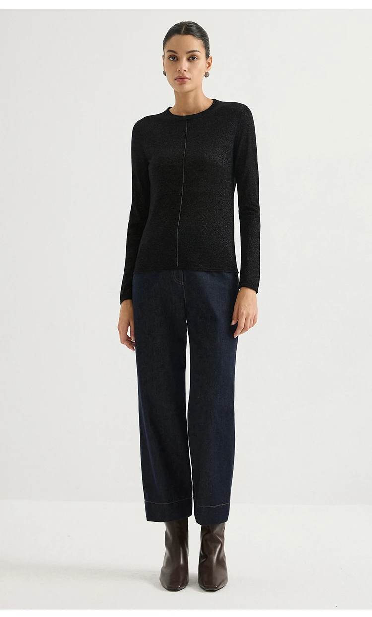 BY3621712 Damen-Pullover mit Rundhalsausschnitt aus Wollmischung mit Lurex-Strick, langen Ärmeln, zentralem Kettenverschluss vorne, schmaler Passform und metallischem Glanz für den frühen Herbst. – Detail 7