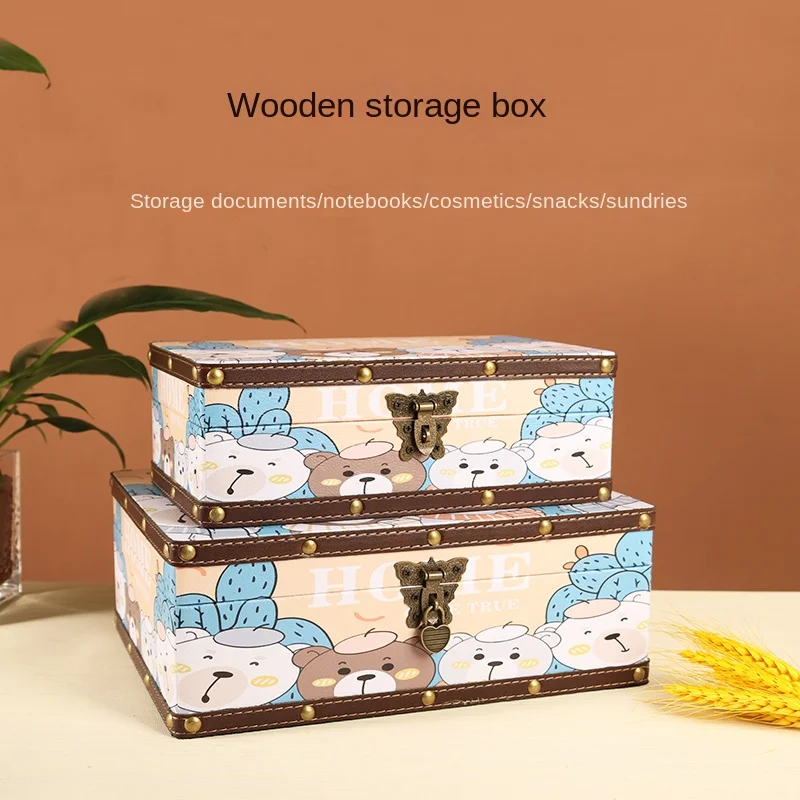 Cute creative desktop storage box with lock cosmetics jewelry box rectangular anti-theft wooden box cartoon storage key safe