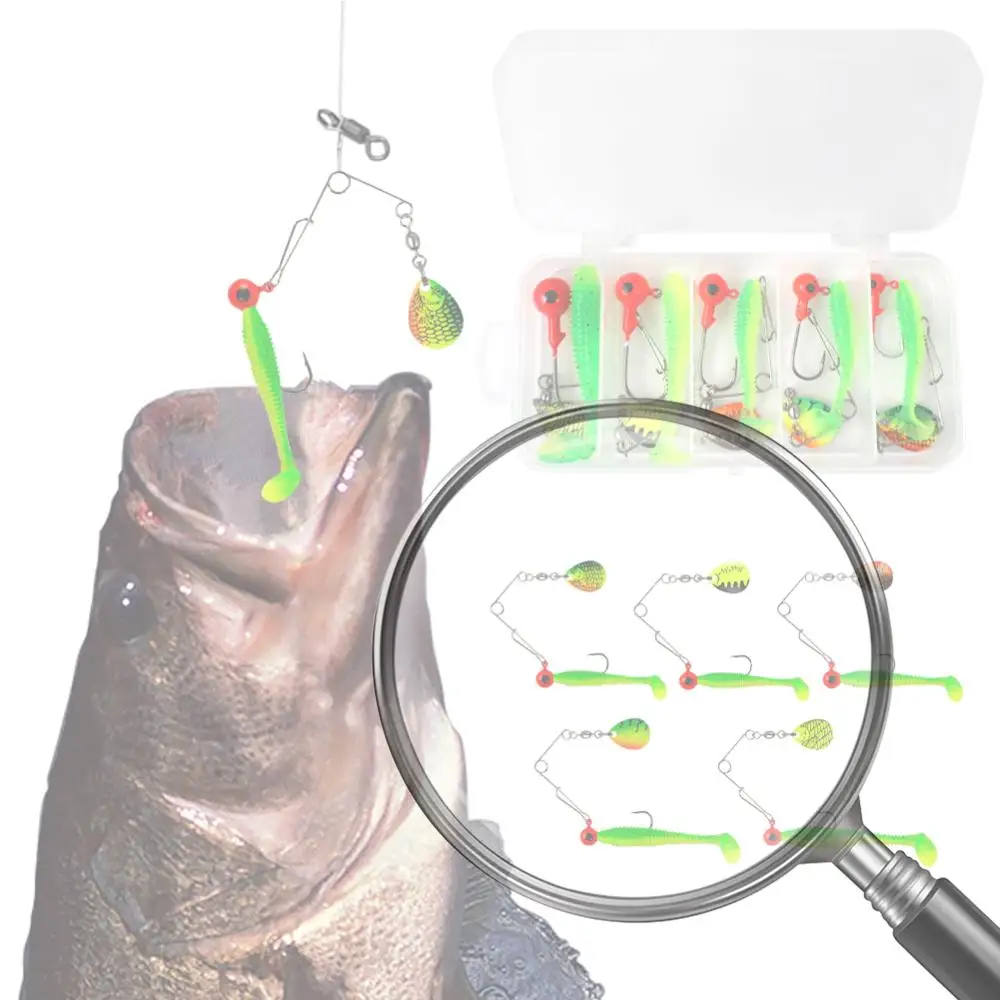 

Набор из 5 мягких рыболовных приманок: искусственные черви с металлическими джиг-головками и блеснами-вертушками для ловли щуки и окуня