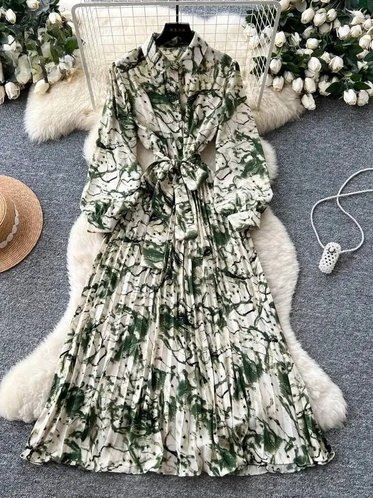 Women French Vintage Floral Dress Spring Autumn Strap Long Sleeved Shirt Dresses Ladies Elegant Lapel Mid Length Dress Vestidos