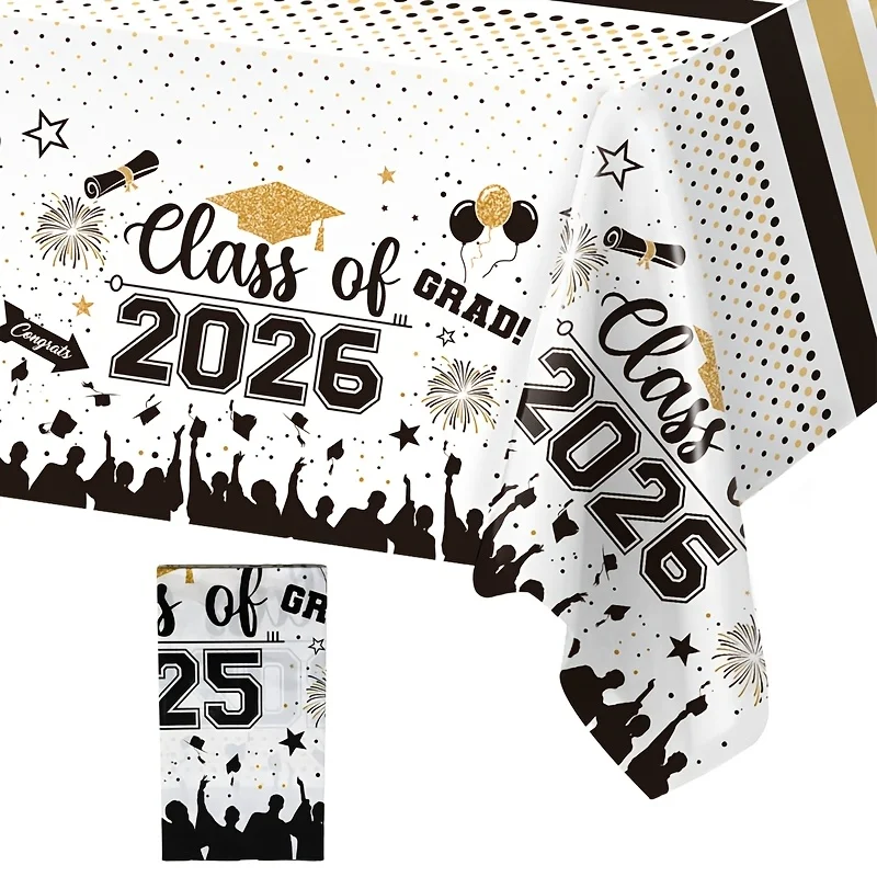 1pc, Congratulations Graduate Tablecloth, 86.61*51.18inch, White And Golden Dots Graduation Celebration Disposable Table Cover,