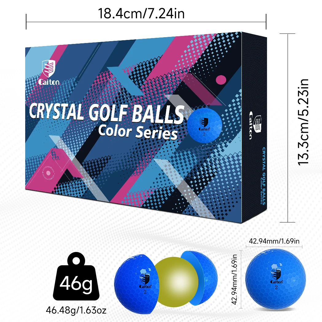Caiton 12pcs Bola Golf untuk Akurasi & Jarak – Inti Biru Dua Lapis, Permukaan Kristal, Visibilitas Tinggi, Performa Tahan Lama