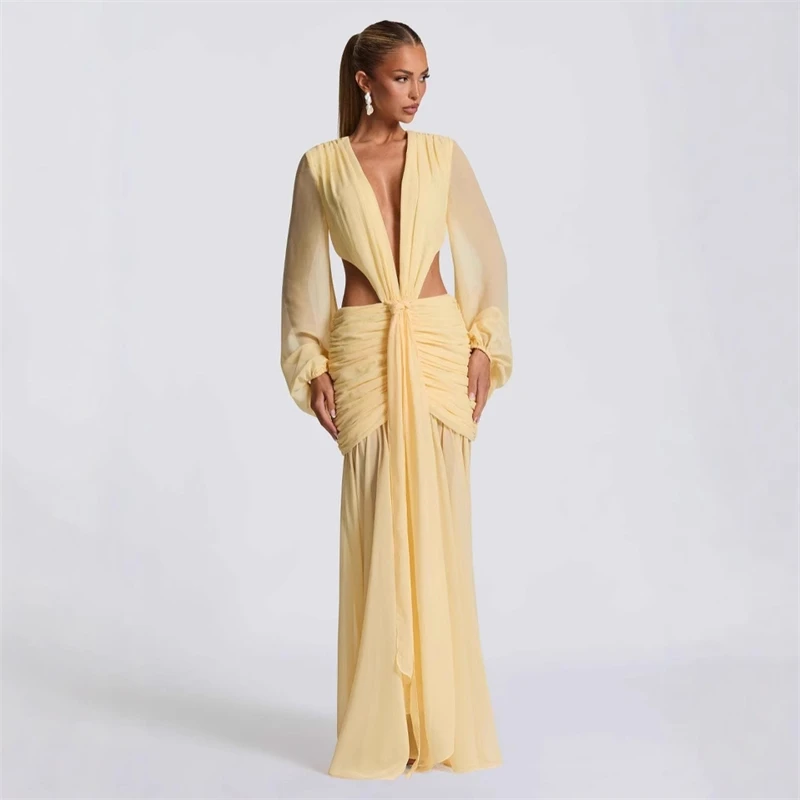 

Deep V Neck Long Sleeve Sexy Maxi Dress Women Gown Fashion Hollow Out Backless Ruched Club Party Long Dress Elegant