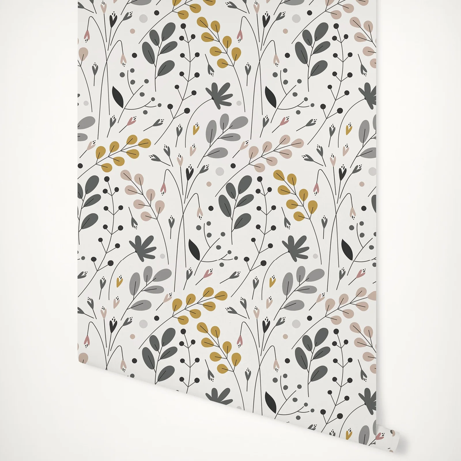 

Scornucopia Wallpaper in Blush, Charcoal and Mustard Color, Leafy print wallpaper, Peel and Stick Wall Paper