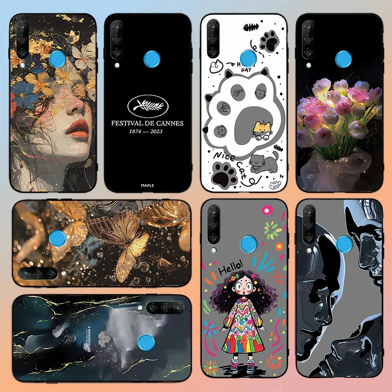 For Huawei P30 Lite Fiber pattern splicing color TPU Black Soft Phone Case For huawei P 30 L ite White ancient camera Machine