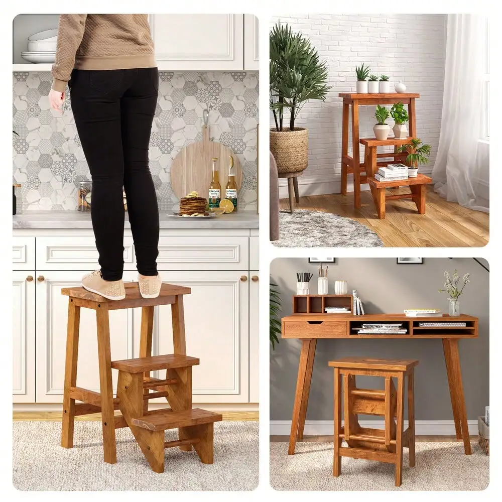 3 Tier Step Stool 3 in 1 Folding Ladder Bench Storage Shelf Coffee