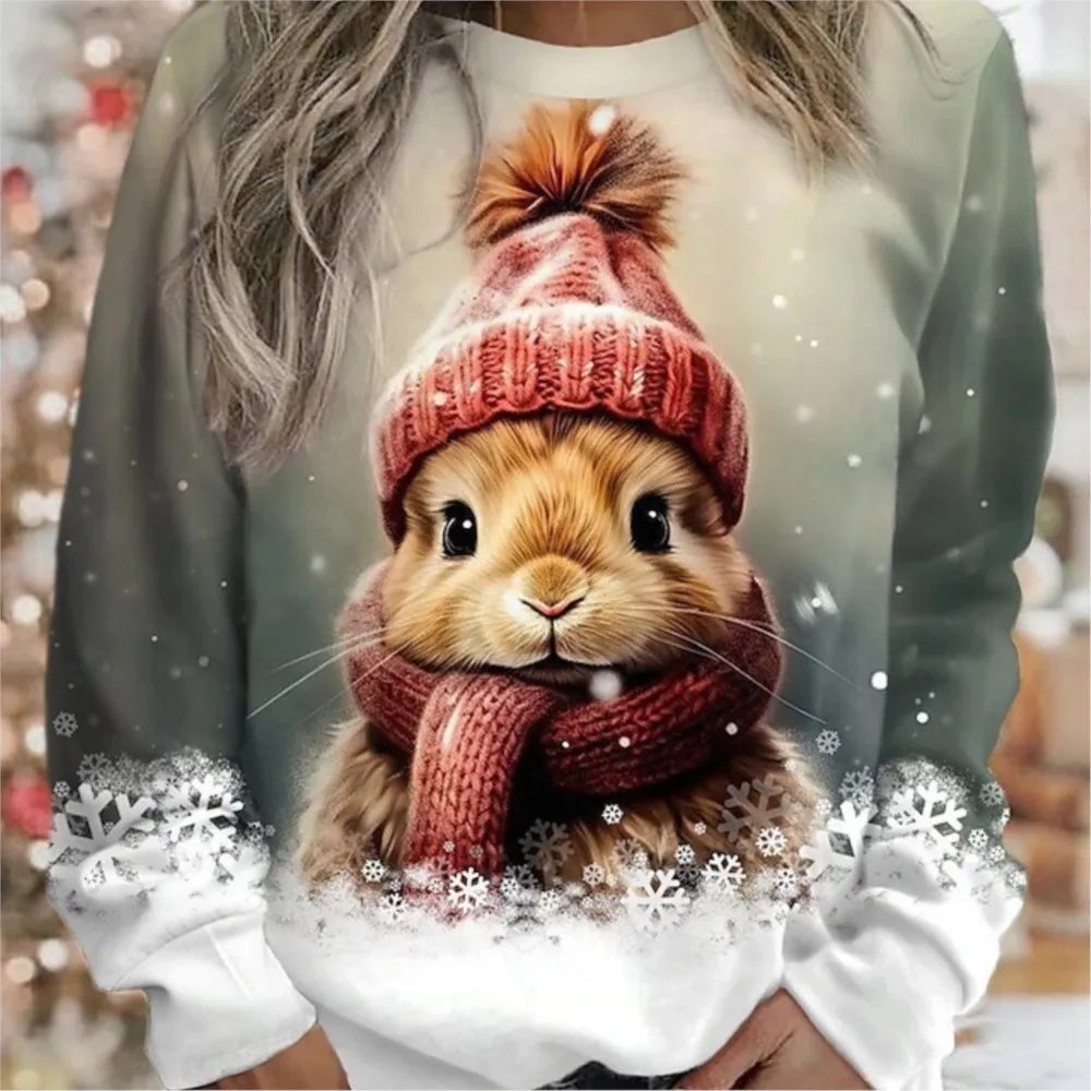 Nouveau 3D numérique imprimé lapin de noël mignon col rond pull à manches longues vêtements de sport décontracté ample sweats haut Femenino