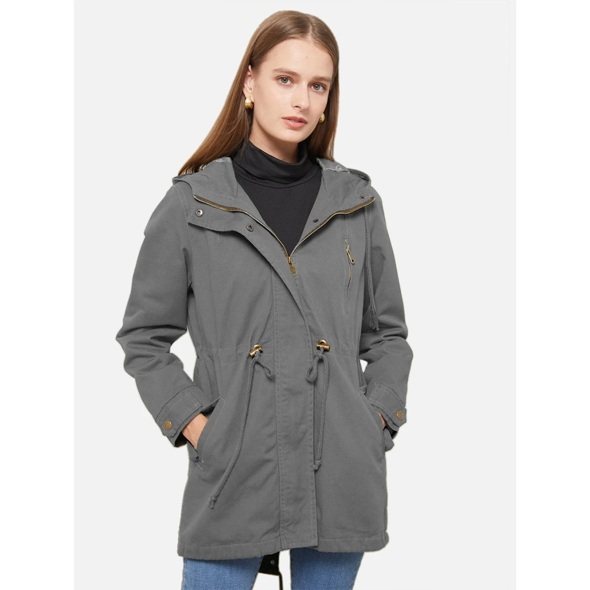 

Loose Pure Color Cotton Hooded Jaet Women's Spring Autumn Faion Thiened Long Sve Zipper Closure Midi Coat