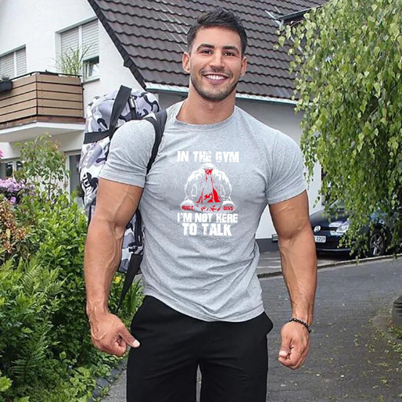 

Gym Bodybuilding Fitness Muscle Clothing Summer Short-Sleeved Breathable Cotton T-shirts Mens Slim Fit Rounded Hem Sport Shirts