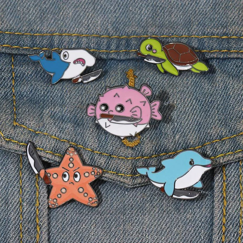 Turtle Shark Starfish Pin Lapel Badges Animal Jewelry Gift for Kids Friends Killer From Ocean Enamel Brooch Dolphin Puffer Fish