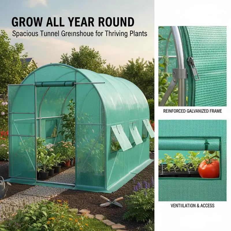 Walk-in Tunnel Greenhouse, 9.8 x 6.6 x 6.6 ft Portable Plant Hot House with Galvanized Steel Hoops, 1 Top Beam, Diagonal Poles, Zippered Door & 6 Roll-up Windows, Green