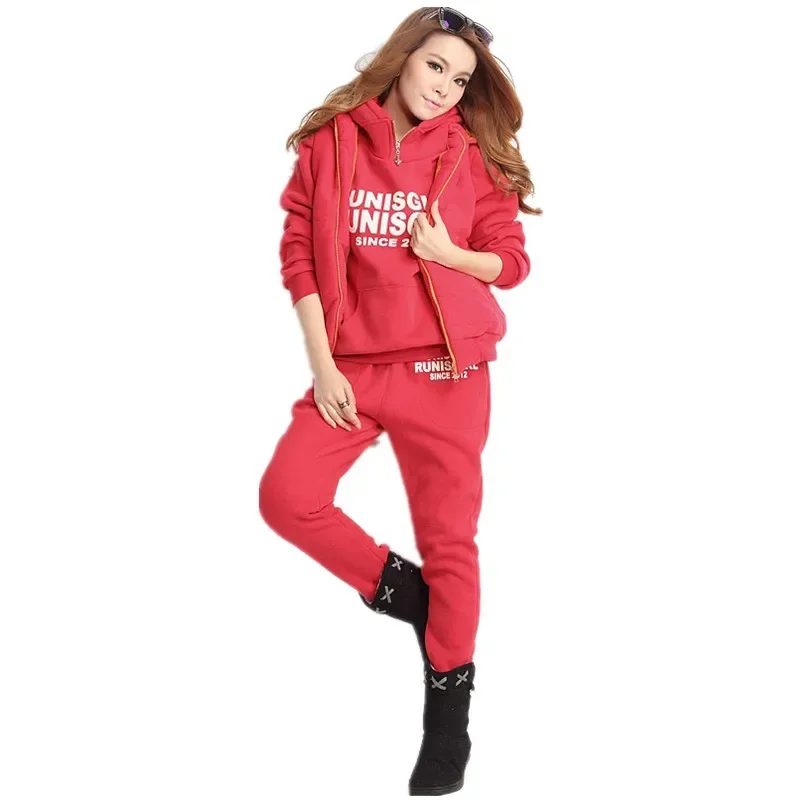 QNPQYX New Warm Women Hoodies Suits Thickened Female Furring 3 Pieces Suits Winter Sets Casual Women Hoodie Sports Sweater