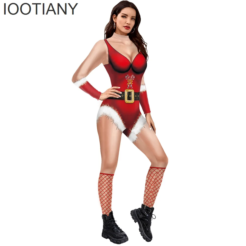 Iootiany Kerst Rode Kousen Print Cosplay Kostuum Sexy Jumpsuit Nieuwe Bodysuit Volwassen Carnaval Feest Kleding Monos Mujer Xmas