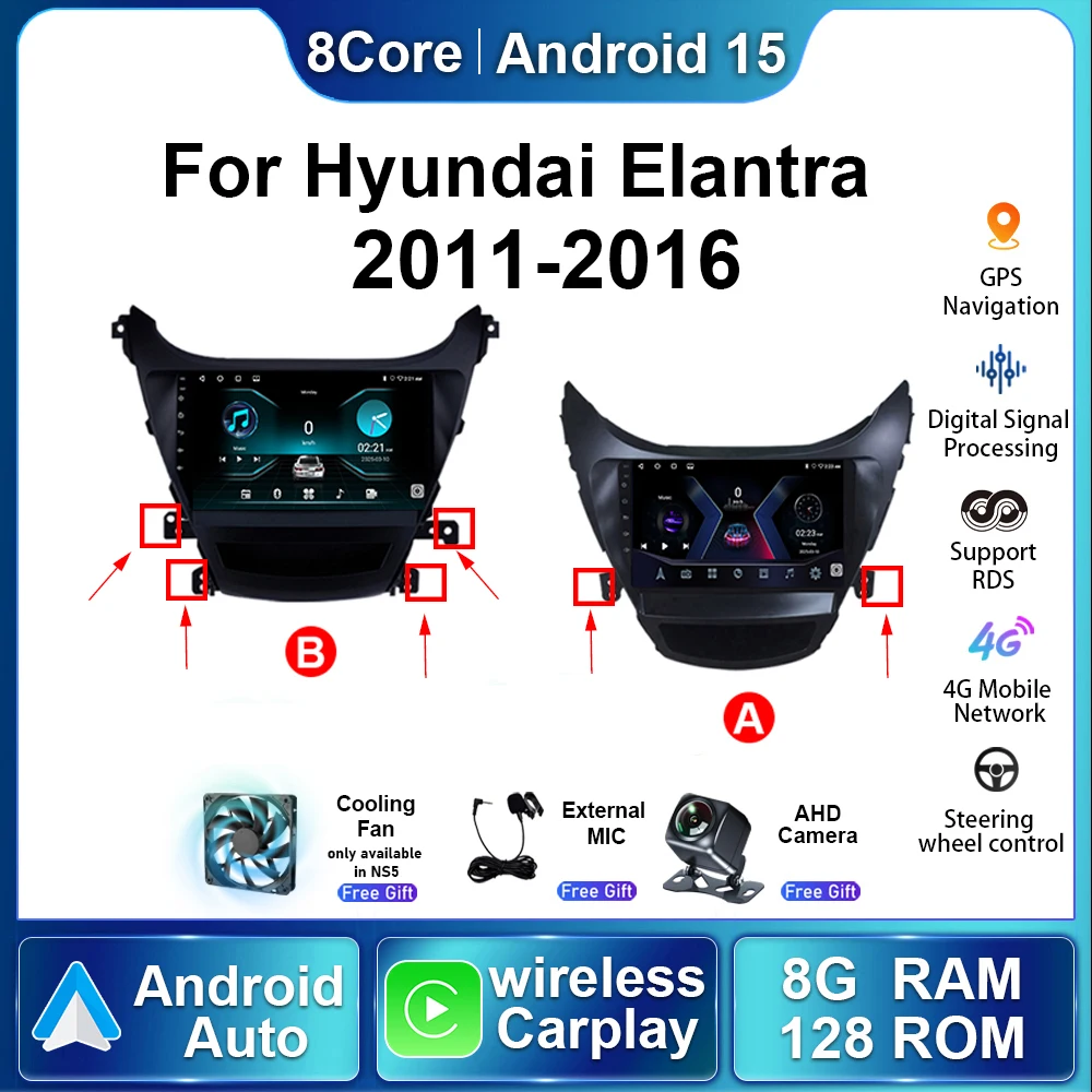 

For Hyundai Elantra 2011-2016 Android15 Autoradio Wireless Carplay Car Electronics Stereo GPS Navigation Multimedia Video Player