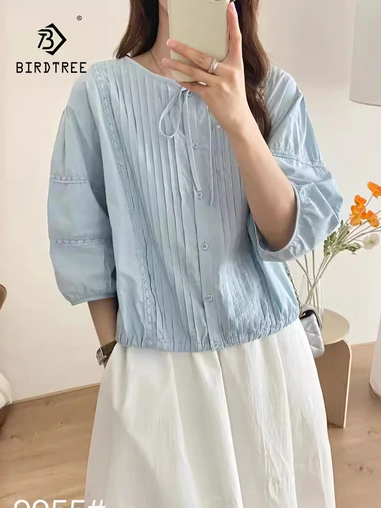 

New Summer Cotton Half Sleeve Shirt O Neck Organ Pleats Tops Girl Loose French Commute Versatile Blouse 2024 Autumn T46348QC