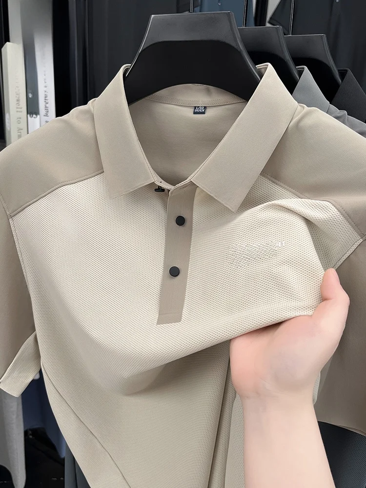 

Lnd Thin ort Sve Men's irt Midlife Dad Summer Versatile Turn-down Collar Breathable Ice Silk Cool Feeling T-irt