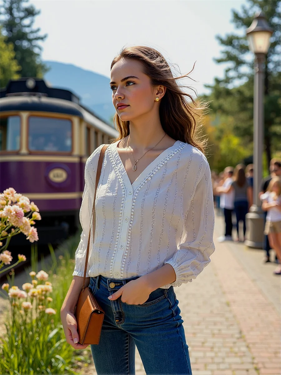 Long Lantern Sleeve Women Elegant Shirts Pearls Beading Plaid Pattern Print Button Front Casual Preppy College Simple Basic