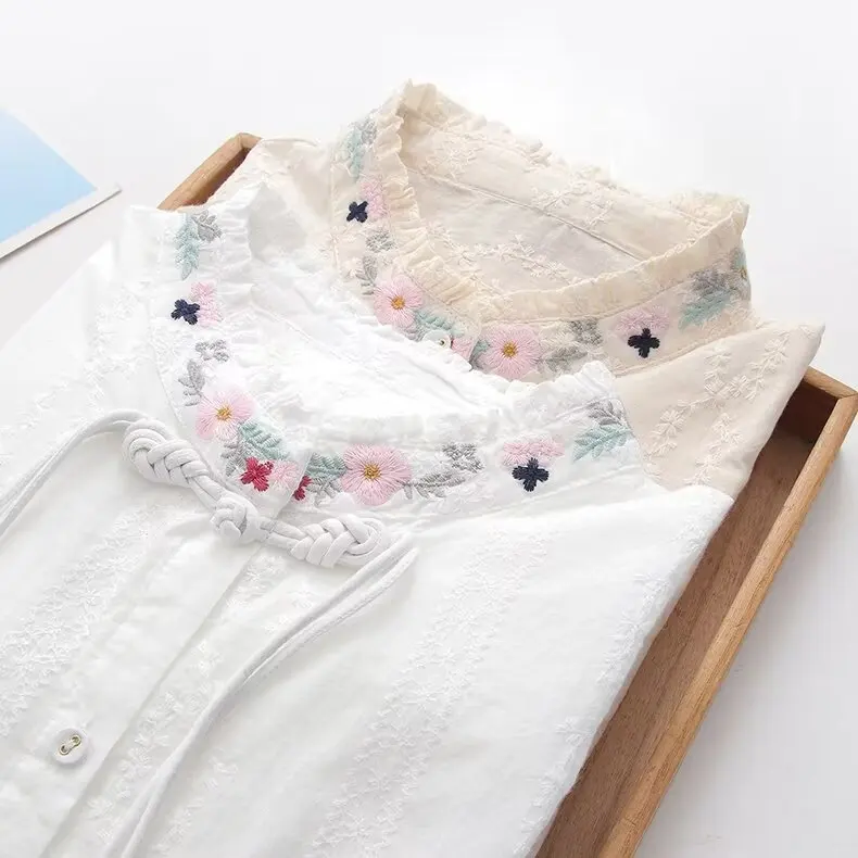 Japanese Sweet Mori Girl Floral Embroidery Shirt Women Spring Autumn Stand Collar Long Sleeve Slim Cotton Blouse Tops White