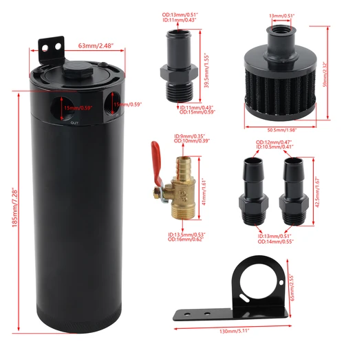 Imagen 2 del producto Kit de lata de captura de aceite de 750ML, tanque de depósito de lata de captura de aceite con volantes de 2 puertos Universal con filtro de ventilación y válvula de drenaje