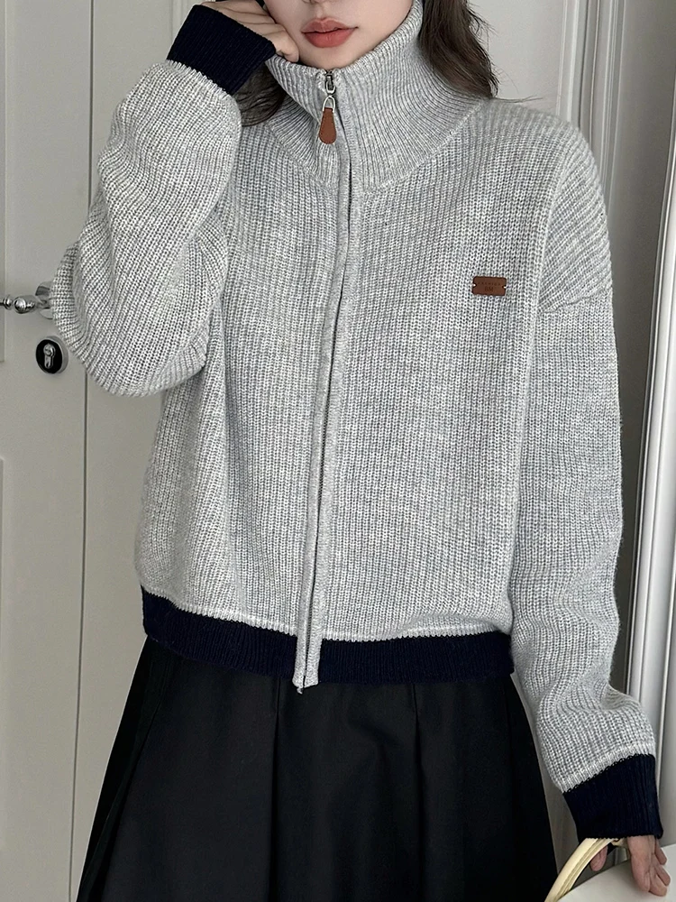 Autumn Winter Women 100% Merino Wool Cardigan Sweater Clashing Color Zipper Cashmere Knit Versatile Warm Long Sleeve Jackets