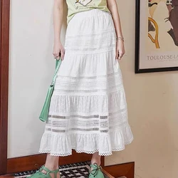 Eyelet Lace Maxi Skirt Cut-out Elastic Waist Sheer Flowy White Long Skirt Women Boho Summer Fairycore Vacation Beach Outfit