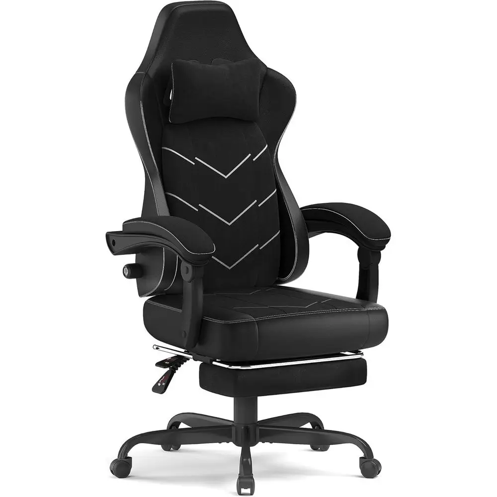 Chaise de jeu ergonomique avec repose-pieds, capacité de charge jusqu'à 200 kg, soutien lombaire et coussin moelleux, hauteur réglable, noire