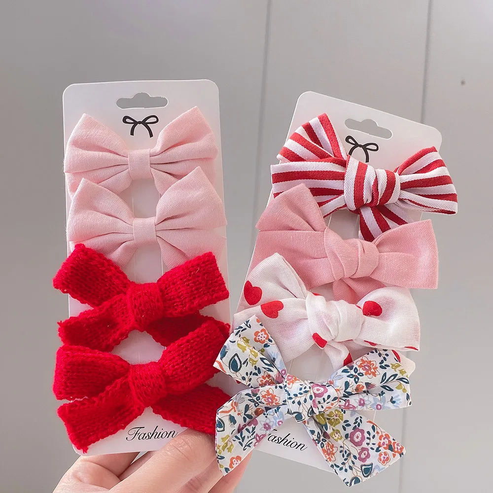 4Pcs/Set Print Soft Cotton Hairpin Cute Girls Colorful Hair Bowknot Clips Kids Solid Hair Bow Headwear Children Hair Accessories