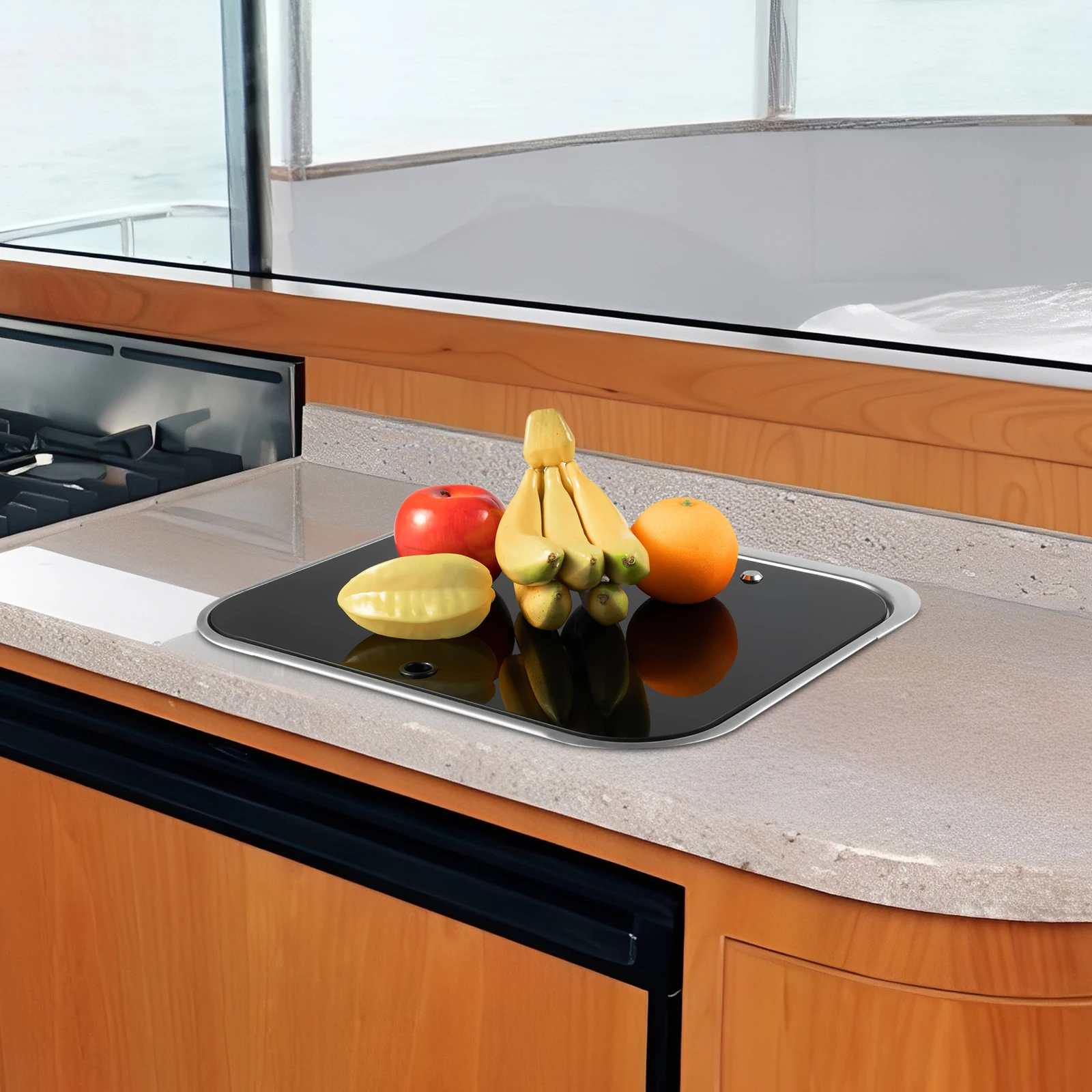 حوض RV حديث من الفولاذ المقاوم للصدأ 304 415*370*160 مم مع غطاء من الزجاج المقسى للتركيب تحت الطاولة