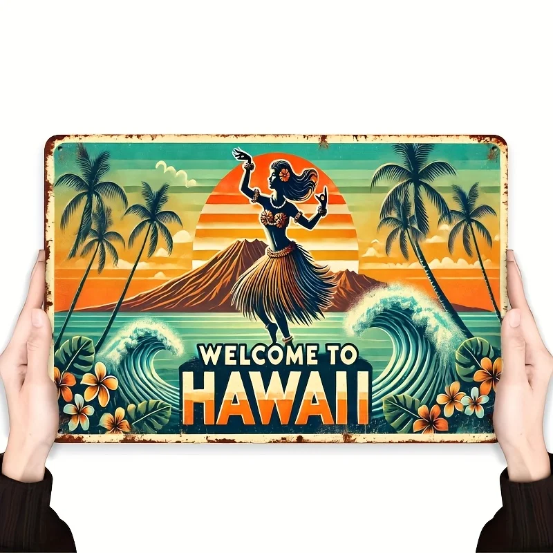 , Welcome to Hawaii, Hawaiian themed decoration, iron , retro metal sign plaque,  plaque decorative mural, wall art, multi-funct