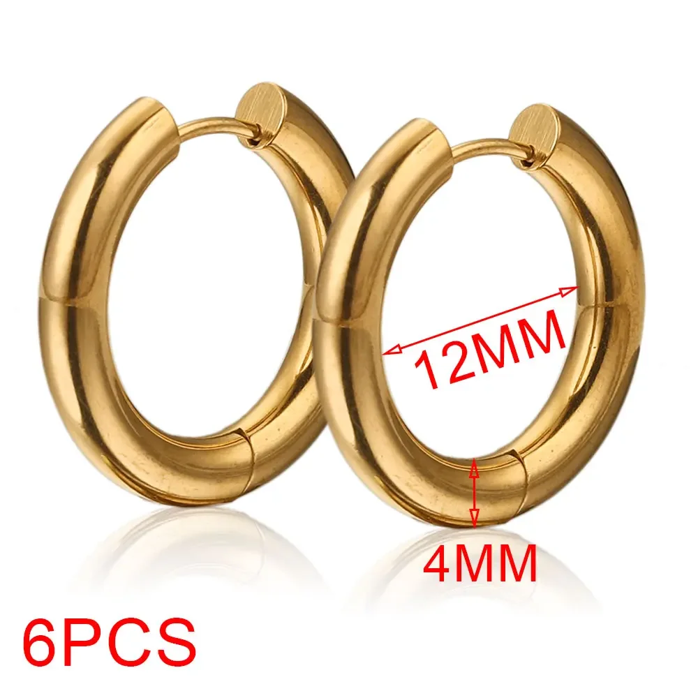 6 stücke Edelstahl 4mm Dicke Ohrringe Vergoldet Große Runde Koreanische Ohr Ringe Hoop Ohrring für Frauen Weibliche schmuck Luxus