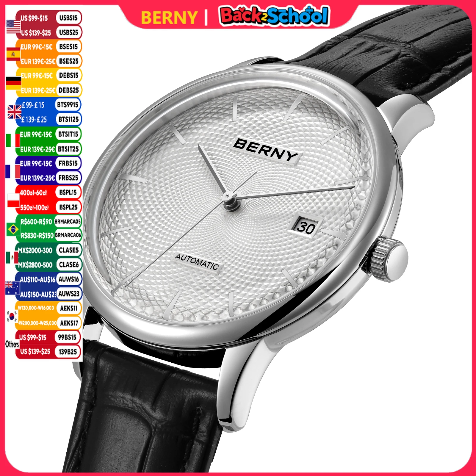 BERNY Automatic Watches for Men Luxury Classic Dress Mechanical Men's Watch Domed Glass Calendar Elegant Business Wristwatch