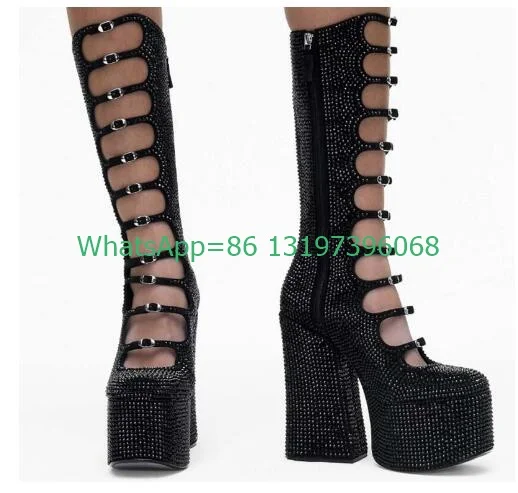 Lady Rhinestone Embellishment Sequins Mary Janes Side Zip Chunky Heel Platform Boots Cut-Out Buckle Strap Gothic Style Boots 43