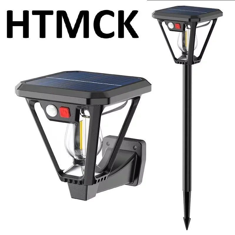Luminária solar para exterior 2 em 1 da HTMCK, com design vintage e lâmpada de filamento, sensor de movimento PIR, luminária de parede e para caminhos de jardim, à prova de água.