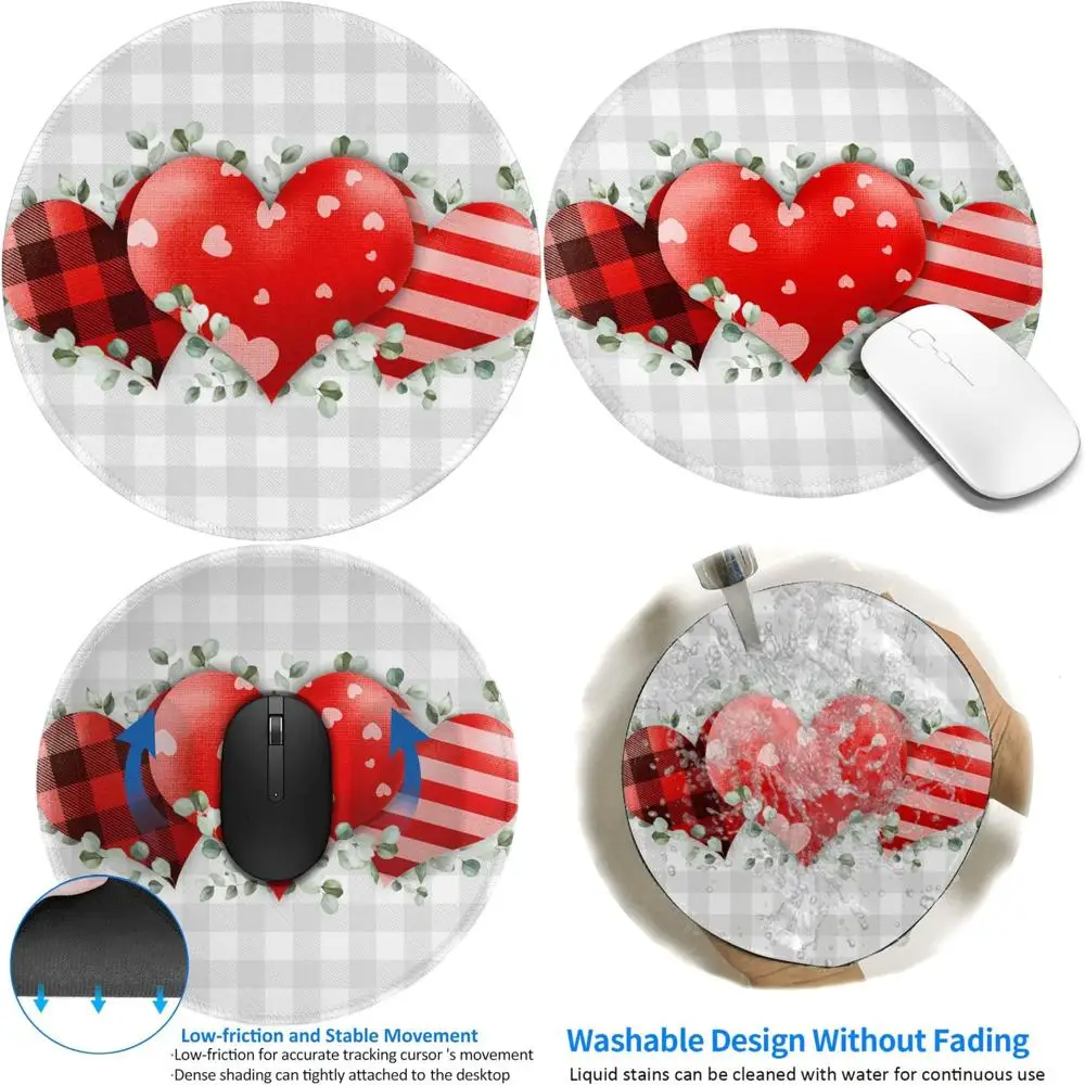 

Anti-Slip Washable Eucalyptus Gray Plaid Mouse Pad with Red Heart Design for Laptop and Office Use