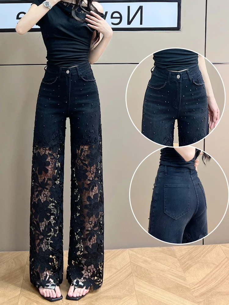 

Модные кружевные полые широкие джинсы, женские летние тонкие свободные брюки с бисером, прямые брюки, повседневные длинные брюки с высокой талией