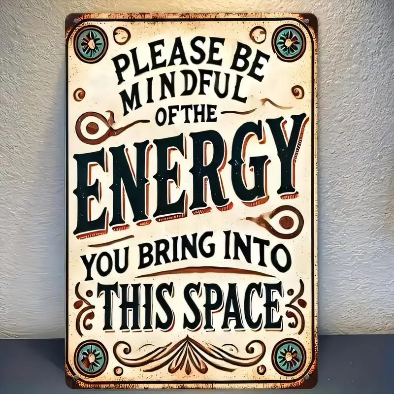 Vintage Mindful of Energy Metal Tin Sign - Retro Typography Design, Iron Material, Vintage Style Wall Art for Home, Office, Yoga