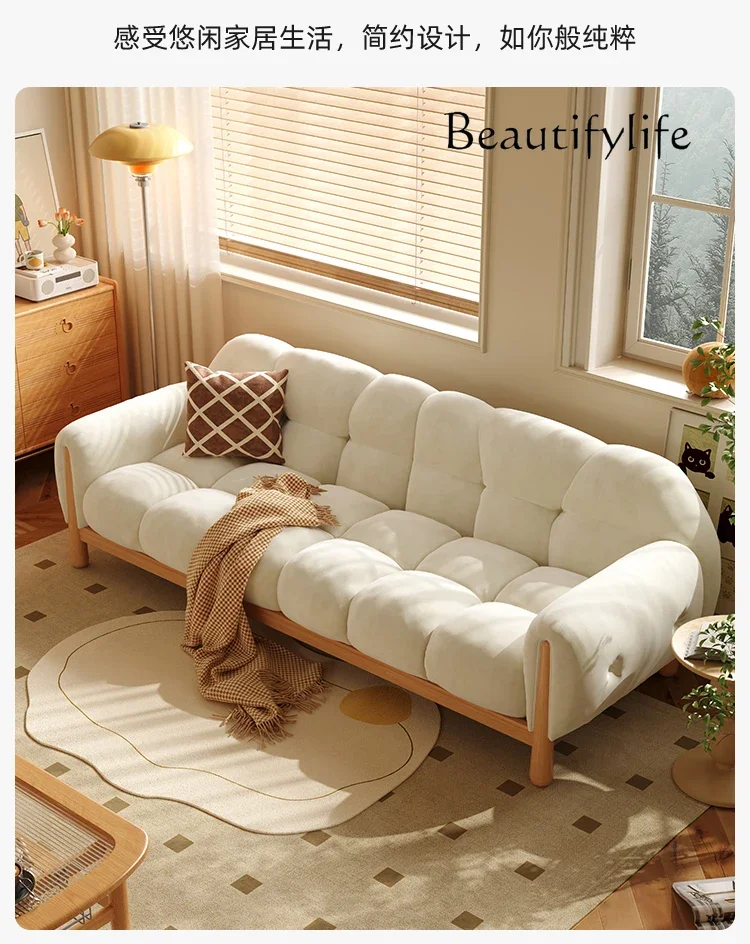 Nordic and Japanese Style Solid Wood Sofa Small Apartment Living Room Three-Seat Log Cream Style Fabric Sofa