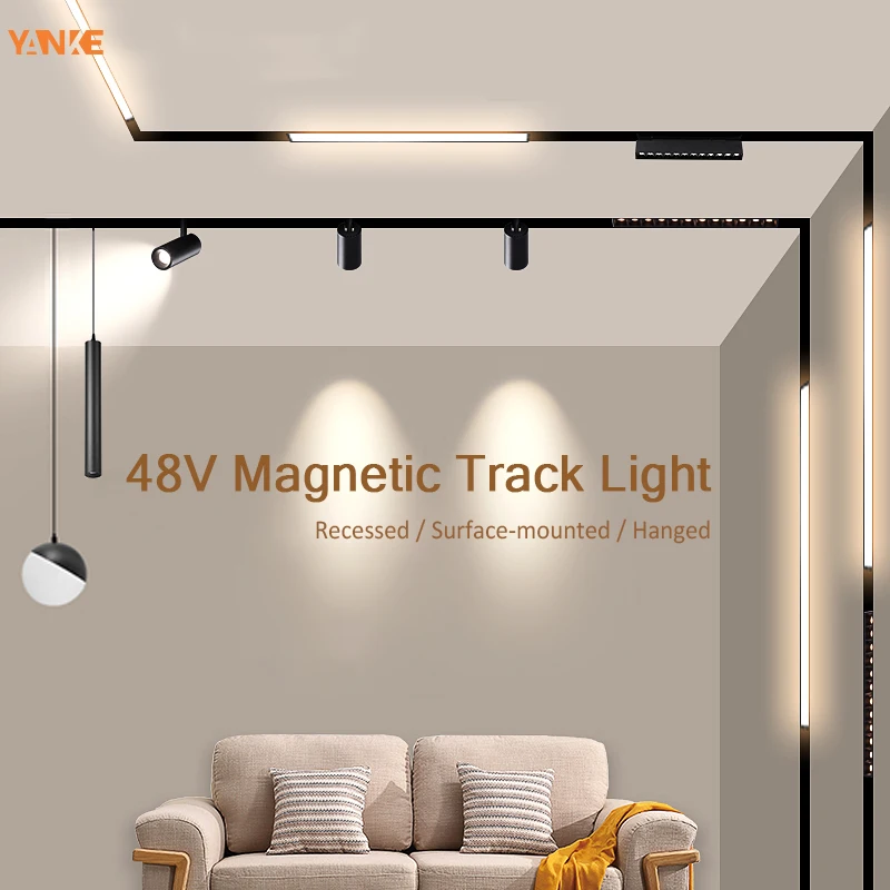 Incorporado Magnetic Track Light, LED Recesso Rail Lamp System, Spotlight de teto seguro, Modern Living Room and Bedroom, DC48V